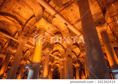 Beautiful cistern in Istanbul. Cistern - underground water reservoir build in 6th century, Istanbul, Turkey, Turkiye 102302414
