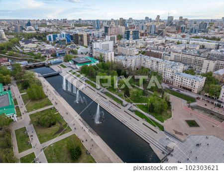 Embankment of the central pond and Plotinka. The historic center of the city of Yekaterinburg, Russia, Aerial View Embankment of the central pond and Plotinka. The historic center of the city of Yekaterinburg, Russia, Aerial View 102303621