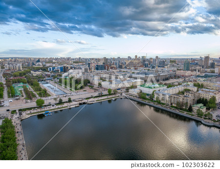 Embankment of the central pond and Plotinka. The historic center of the city of Yekaterinburg, Russia, Aerial View Embankment of the central pond and Plotinka. The historic center of the city of Yekaterinburg, Russia, Aerial View 102303622