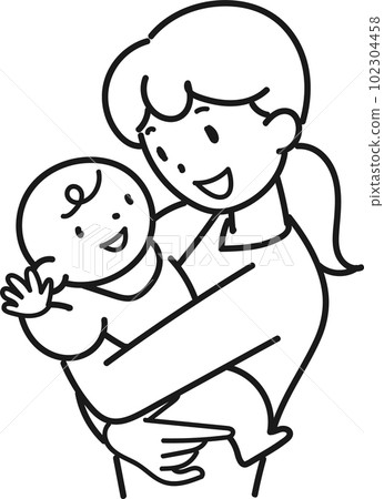 一位微笑的年輕母親抱著嬰兒的上半身 102304458