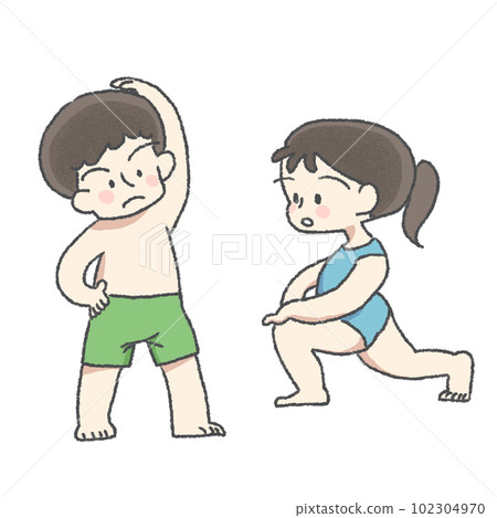 Children doing warm-up exercises in swimsuits Children doing warm-up exercises in swimsuits 102304970