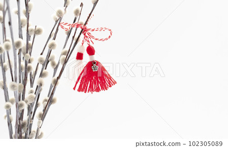 Martenitsa, Baba Marta, Martisor With Willow Twig on White Background. Traditional Symbol of Holiday March 1. Grandma Marta Day Celebration In Romania,Bulgaria,Moldova. Copy Space For Text. Horizontal 102305089