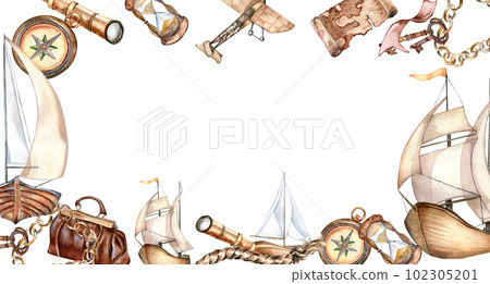 Frame of sailing ship vintage style watercolor illustration isolated on white. Sailboat, vessel, airplane, spyglass, map, bag hand drawn. Childish design, element for boy print, adventure collection 102305201
