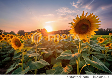 Sunflower field and golden hour sky 102305604