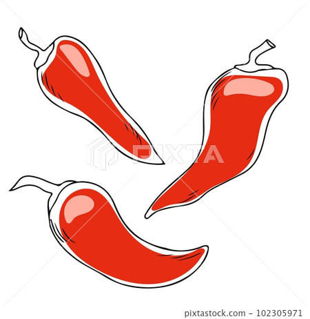 Lineart style set of three red chili peppers black outline on white background 102305971