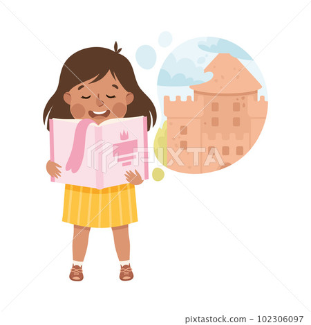 Little Girl Imagining Castle in Bubble Reading Book Having Fantasy Vector Illustration 102306097