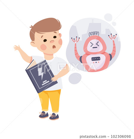 Little Boy Imagining Robot in Bubble Reading Book Having Fantasy Vector Illustration 102306098
