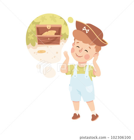 Little Boy Imagining Pirate Treasure Chest in Bubble Having Fantasy Vector Illustration 102306100