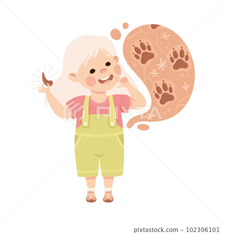 Little Girl Imagining Beast Paw Print in Bubble Having Fantasy Vector Illustration 102306101