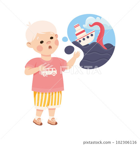 Little Boy Imagining Ship and Marine Monster in Bubble Having Fantasy Vector Illustration 102306116