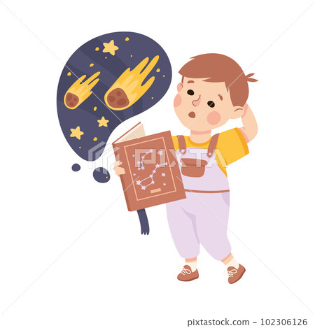 Little Boy Imagining Comet Falling in Bubble Reading Book Having Fantasy Vector Illustration Little Boy Imagining Comet Falling in Bubble Reading Book Having Fantasy Vector Illustration 102306126