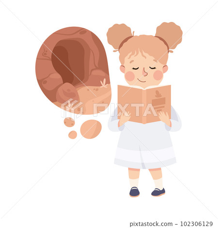 Little Girl Imagining Stone Cave in Bubble Reading Book Having Fantasy Vector Illustration 102306129