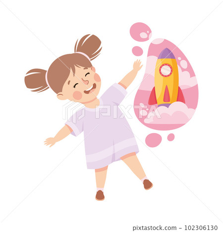 Little Girl Imagining Rocket Launch in Bubble Having Fantasy Vector Illustration 102306130