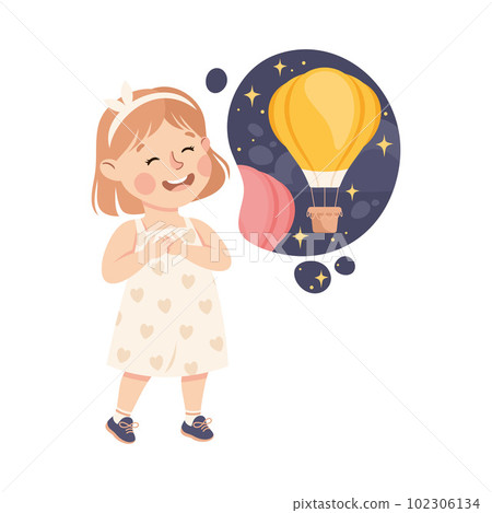 Little Girl Imagining Hot Air Balloon in Bubble Having Fantasy Vector Illustration 102306134