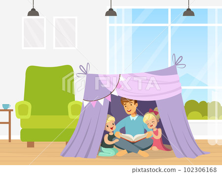 Cute Boy and Girl Sitting in Tent with Dad and Reading Book Vector Illustration 102306168