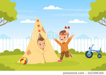 Cute Boy Playing Indian in the Yard with Tent Having Fun Vector Illustration 102306169