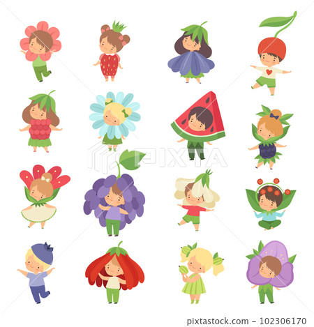 Cute Little Kids Wearing Fruit and Flower Costume Big Vector Set 102306170