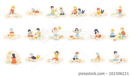 Little Boys and Girls Sitting on Floor Painting, Cutting with Scissors, Drawing with Pencils, Modelling from Plasticine Vector Set Little Boys and Girls Sitting on Floor Painting, Cutting with Scissors, Drawing with Pencils, Modelling from Plasticine Vector Set 102306221