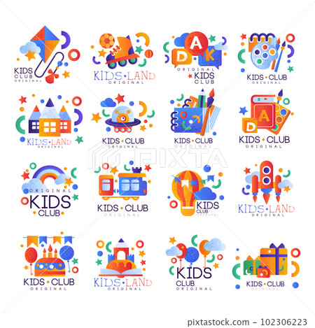Kids Land and Club Logo Original Colorful Design with Bright Objects Vector Set 102306223