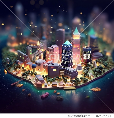 摩天大樓和虛擬微型城鎮夜景的 3D 插圖 摩天大樓和虛擬微型城鎮夜景的 3D 插圖 102306575