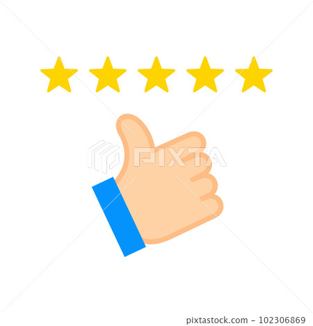 Customer review rating with 5 stars and thumb-up. Feedback. Customer satisfaction. Customer review rating with 5 stars and thumb-up. Feedback. Customer satisfaction. 102306869