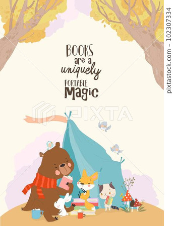 Cartoon Funny Animals reading Book in a Teepee Tent 102307334