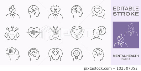 Mental health icons, such as charity, anxiety, stress, panic attack and more. Editable stroke. Mental health icons, such as charity, anxiety, stress, panic attack and more. Editable stroke. 102307352