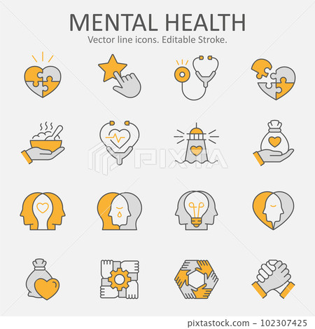 Mental health icons, such as donation, charuty, empathy, integrity and more. Vector illustration isolated on white. Editable stroke. 102307425