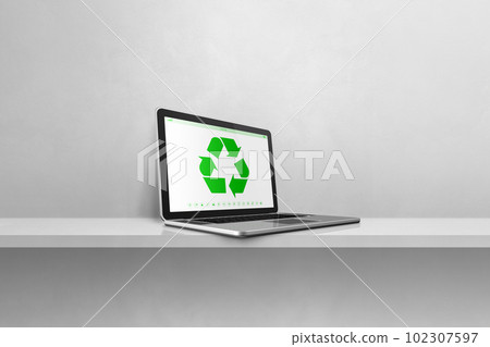 Laptop computer on a shelf with a recycling symbol on screen. environmental conservation concept 102307597
