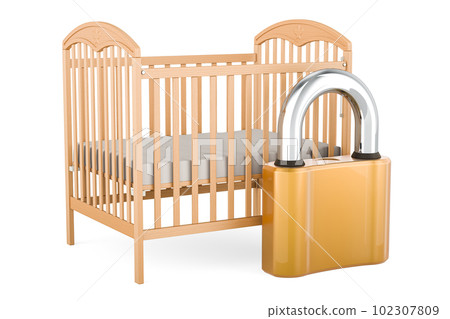 Baby crib, infant bed with padlock. 3D rendering Baby crib, infant bed with padlock. 3D rendering 102307809