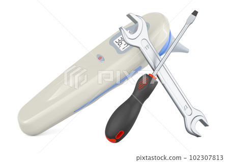 Digital Forehead and Ear Thermometer with screwdriver and wrench. 3D rendering Digital Forehead and Ear Thermometer with screwdriver and wrench. 3D rendering 102307813