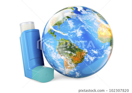 Metered-dose inhaler, MDI with Earth Globe. 3D rendering Metered-dose inhaler, MDI with Earth Globe. 3D rendering 102307820
