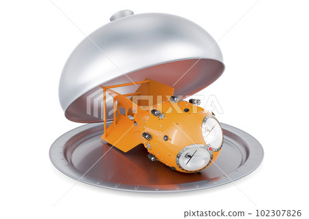 Restaurant cloche with atomic bomb, 3D rendering 102307826