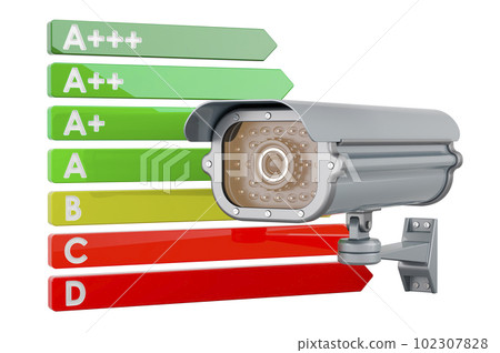 Security surveillance camera with energy efficiency chart, 3D rendering 102307828