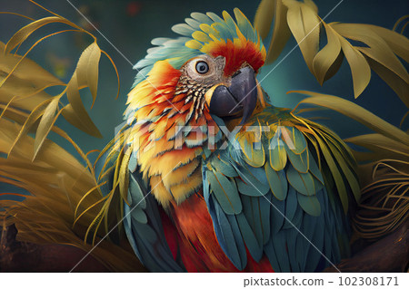 colorful parrot with a blue, yellow and green feathers on it's head and body colorful parrot with a blue, yellow and green feathers on it's head and body 102308171