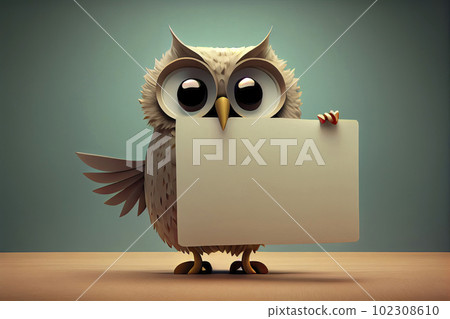 Cartoon owl bird holding blank sign 102308610