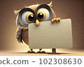Cartoon owl bird holding blank sign 102308630