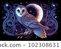 moon owl and stars boho sketch, night sky, barn owl, ornate scrollwork patterns 102308631