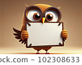 Cartoon owl bird holding blank sign 102308633
