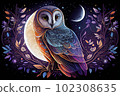 moon owl and stars boho sketch, night sky, barn owl, ornate scrollwork patterns 102308635