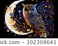 moon owl and stars boho sketch, night sky, barn owl, ornate scrollwork patterns 102308641