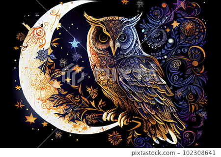 moon owl and stars boho sketch, night sky, barn owl, ornate scrollwork patterns 102308641