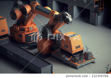 3d rendering robotic machines with conveyor line 3d rendering robotic machines with conveyor line 102308766