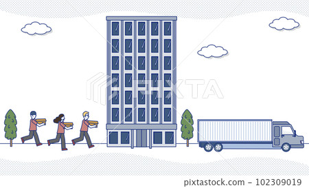 Startup members moving in a large truck 102309019