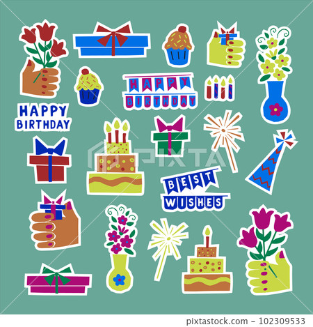 Papercut style set of stickers for birthday Papercut style set of stickers for birthday 102309533