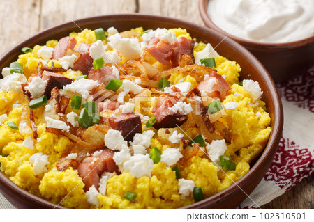 Tasty banosh served with brynza, fried onion and pork cracklings, closeup. Horizontal Tasty banosh served with brynza, fried onion and pork cracklings, closeup. Horizontal 102310501