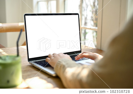 Close-up image of a female freelancer using her laptop at a beautiful cafe. 102310728