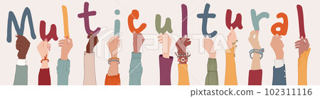 Multi-ethnic multicultural people holding letters forming the text -Multicultural- Group raised arms of colleagues or friends diverse culture. Community people diversity. Racial equality 102311116