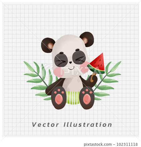 Summer vacation concept. Happy Cute kawaii Panda sitting on the beach and enjoy his watermelon popsicle. vector cartoon watercolor illustration. 102311118