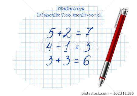 Blue ballpoint pen, school supplies, stationery, checkered notebook with math examples. The concept of learning, back to school, first time to school Blue ballpoint pen, school supplies, stationery, checkered notebook with math examples. The concept of learning, back to school, first time to school 102311196